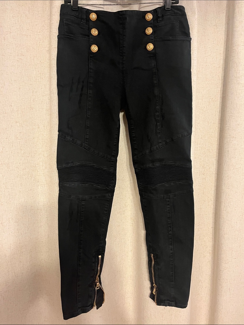 Balmain Black Skinny Moto Jeans with Gold Buttons size 44 made in paris